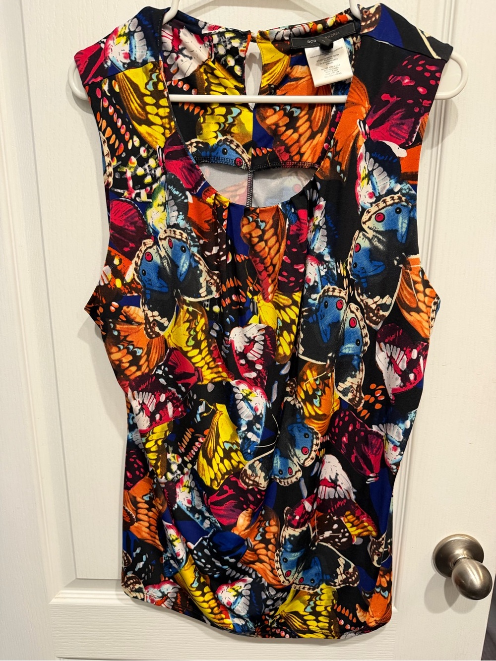 BCBGMAXAZRIA Women’s XL Multicolor Butterfly Print Sleeveless Blouse Tunic Top